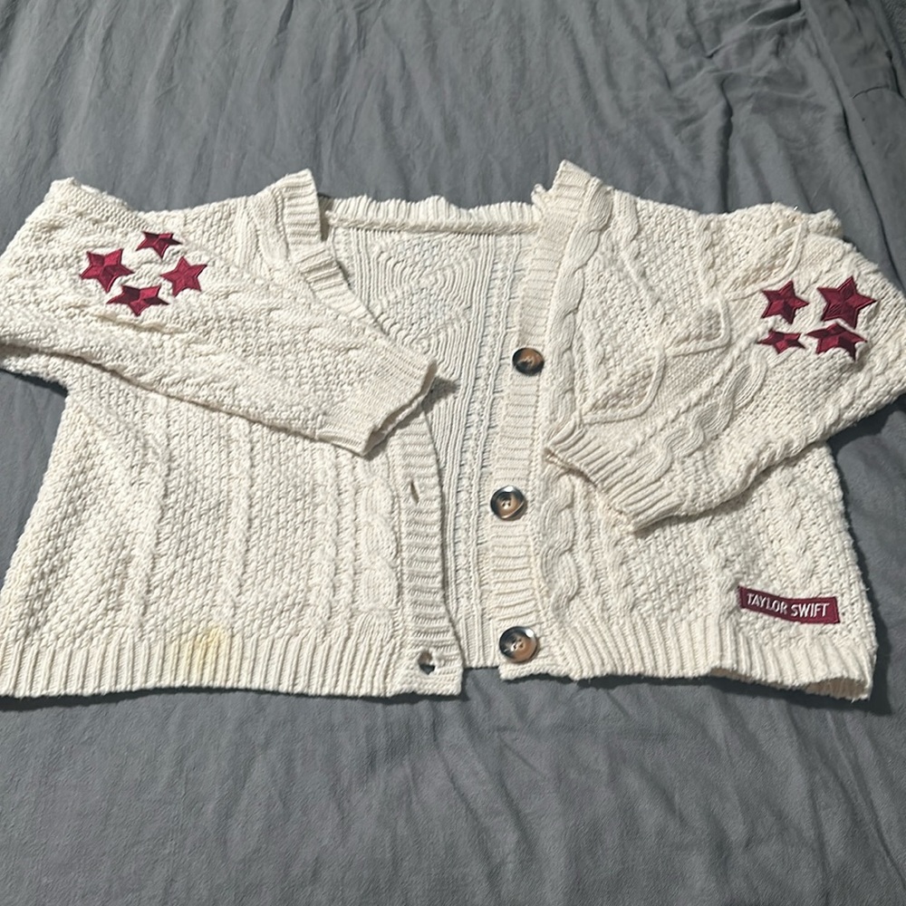 Taylor Swift Red TV Cardigan M/L stain on bottom left price reflects